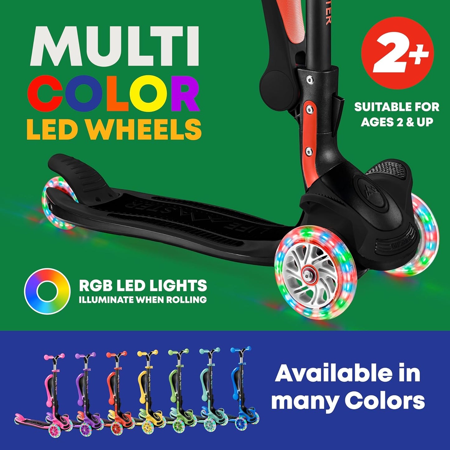 Skiennix 3-Wheel Scooter for Kids - Foldable Seat, Adjustable Handlebar, LED Wheels | Ages 2+