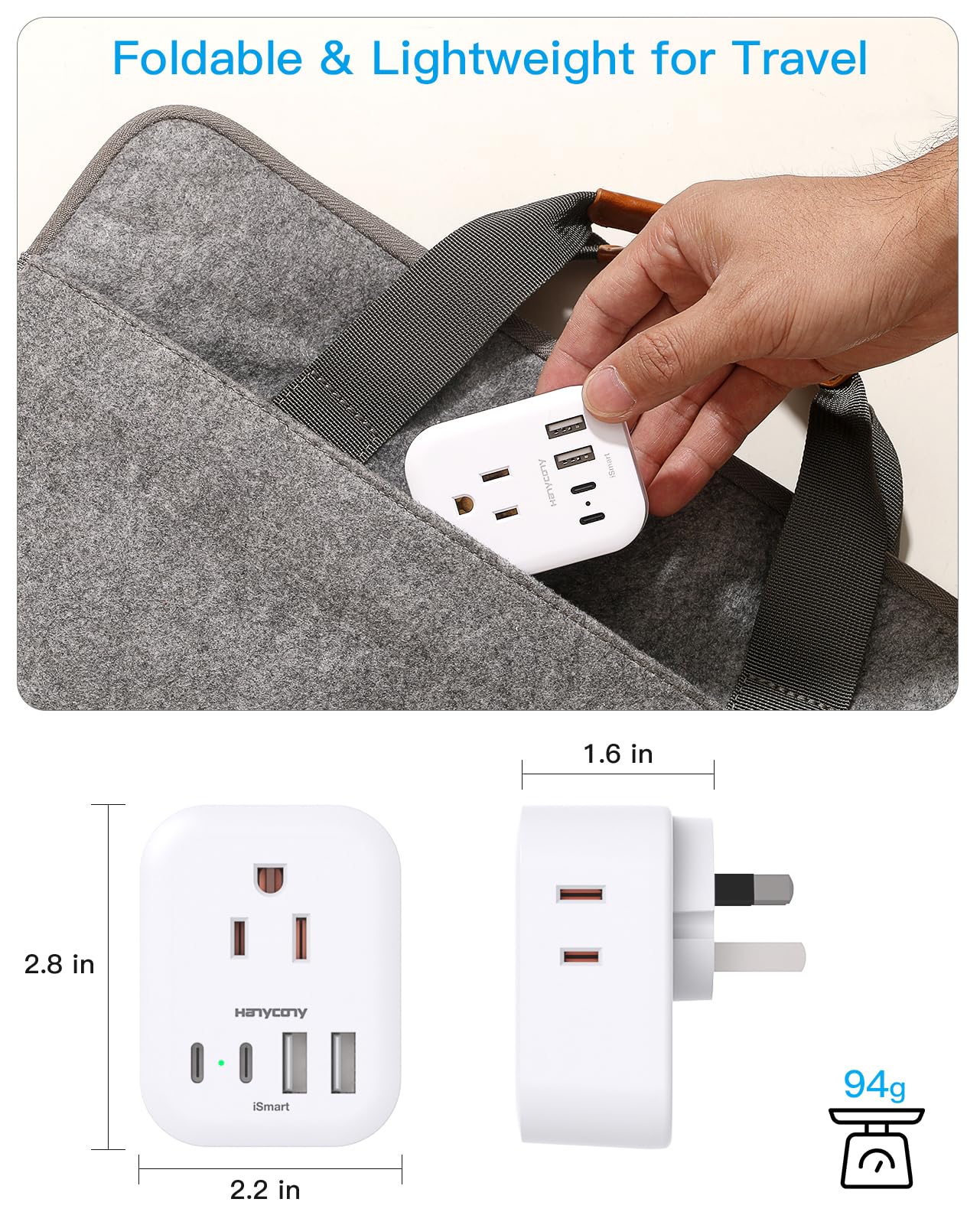 US to Australia Plug Adapter, HANYCONY New Zealand Power Adapter, Type I Plug Adapter with 4 Outlets 4 USB Ports(2 USB C) for USA to Australia AU China Argentina Fiji Cruise Travel Adapter Must Haves