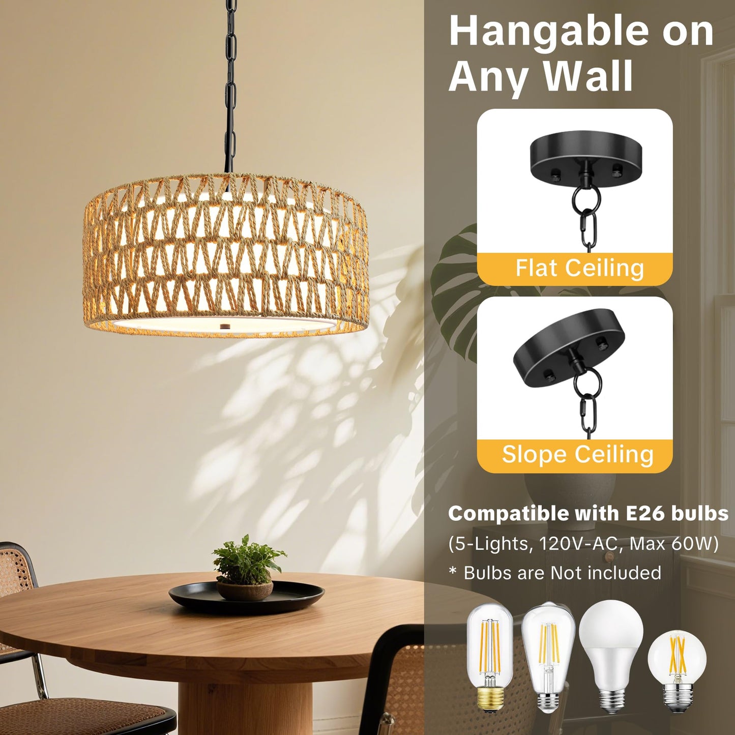 Boho Rattan Chandelier for Dining Room,5-Light Farmhouse Chandelier Light Fixtures, Hand Woven Chandeliers with Fabric Shade,Rustic Pendant Light Fixtures for Kitchen Island,Bedroom,Living Room