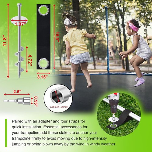 Eurmax USA Ground Anchors - Heavy Duty Trampoline Stakes with Bonus Strong Belts | Set of 4 Silver