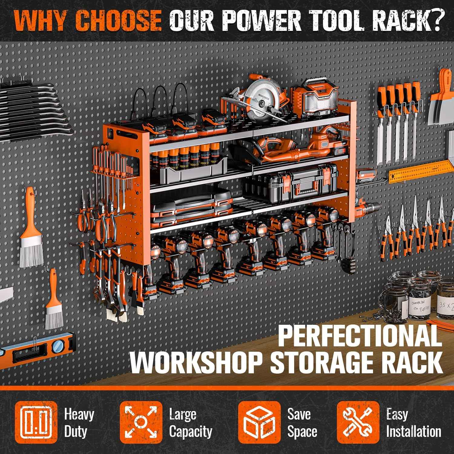 Heavy Duty Wall Mount Power Tool Organizer with Charging Station & 10 Drill Holders