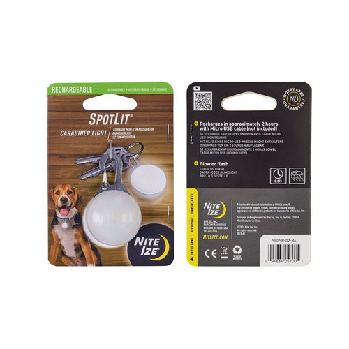 Nite Ize SpotLit Rechargeable Carabiner Light - 3.5-Hour Runtime - Fits on Keychains, Bags & Zippers - Perfect for Finding Items in Dark Cabinets or As a Car Emergency - White