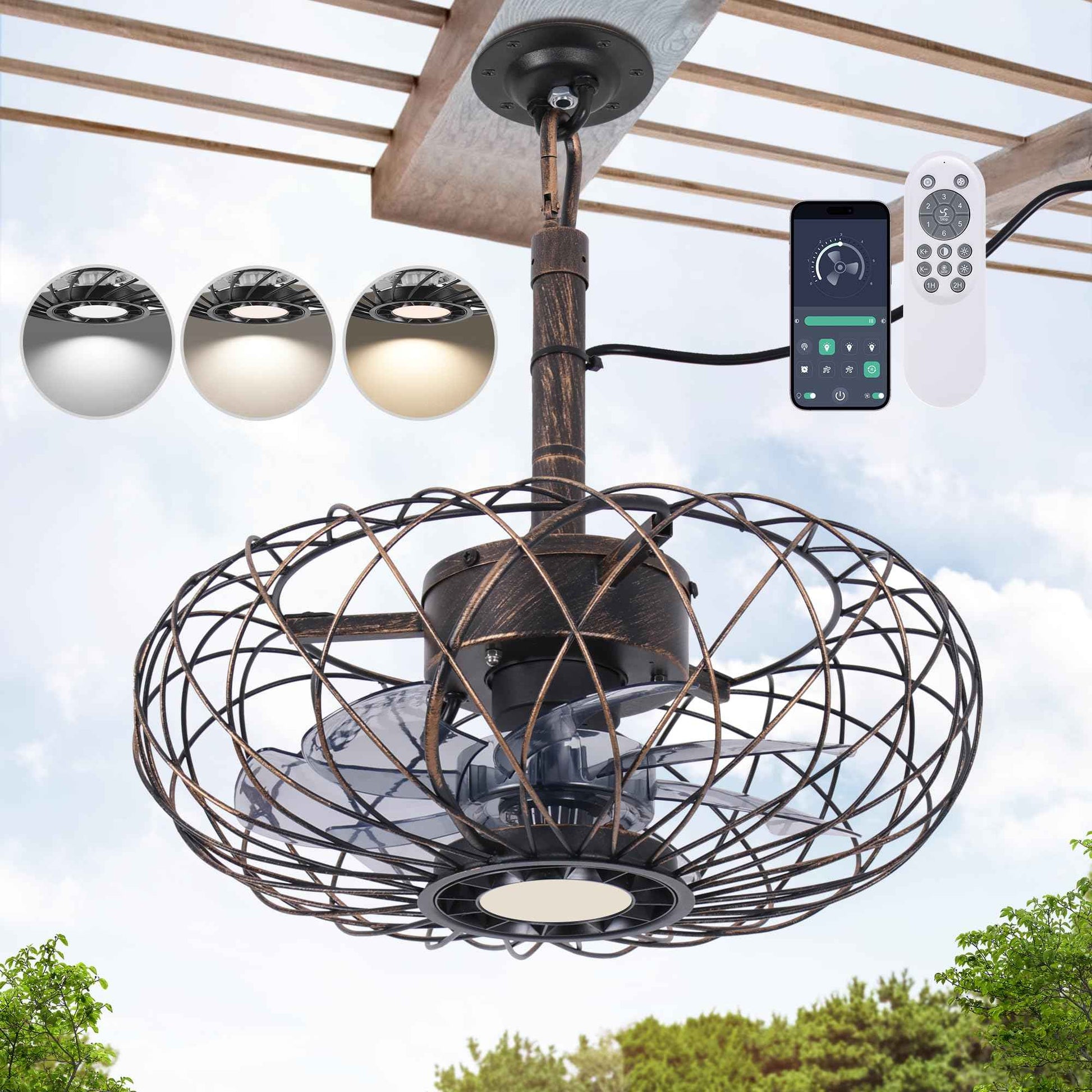 Miuyhji Retro Outdoor Ceiling Fans with LED Light, 15" Waterproof Gazebo Fan Plug in Caged Industrial Fandelier Ceiling Fan with Remote, 6 Speeds Adjustable Height Fan for Bedroom Living Room Pergola