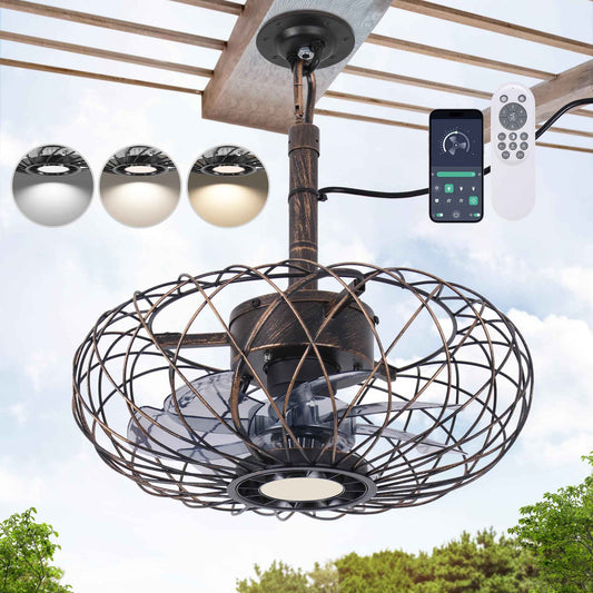 Miuyhji Retro Outdoor Ceiling Fans with LED Light, 15" Waterproof Gazebo Fan Plug in Caged Industrial Fandelier Ceiling Fan with Remote, 6 Speeds Adjustable Height Fan for Bedroom Living Room Pergola