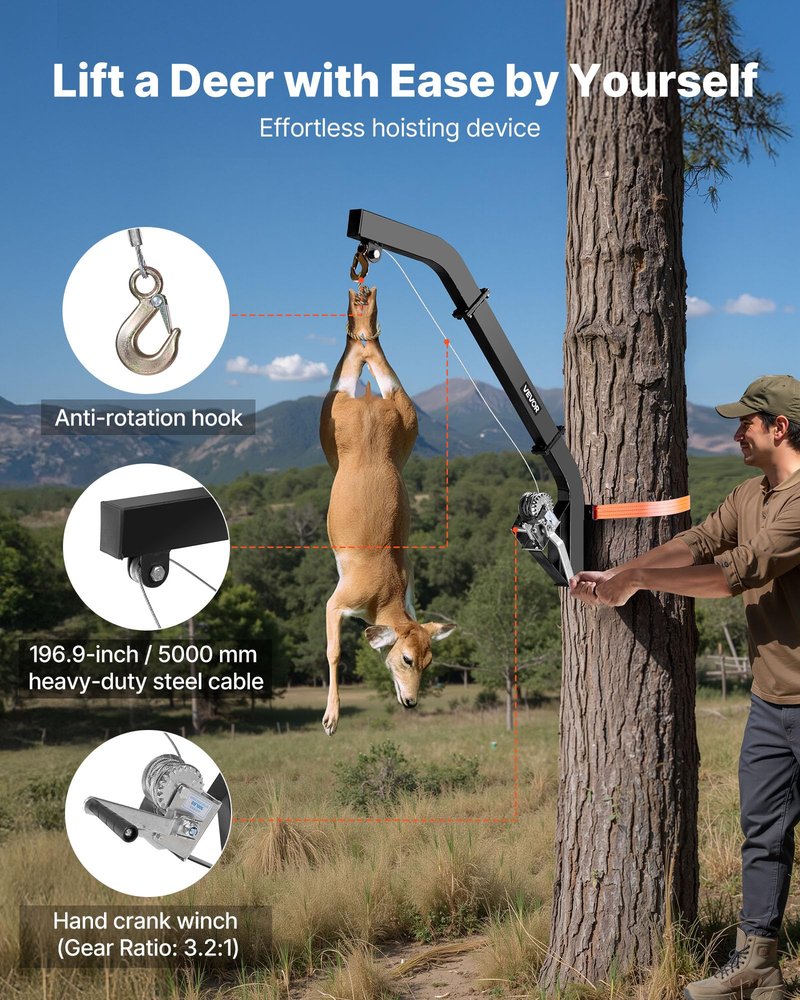 VEVOR Tree Mounted Deer Hoist, 353 lbs Load Capacity, Hunting Game Hoist Winch Lift with Ratchet Strap, Heavy Duty Deer Hanger for Skinning, Cleaning, Hanging Feed, and Field Dressing, Black