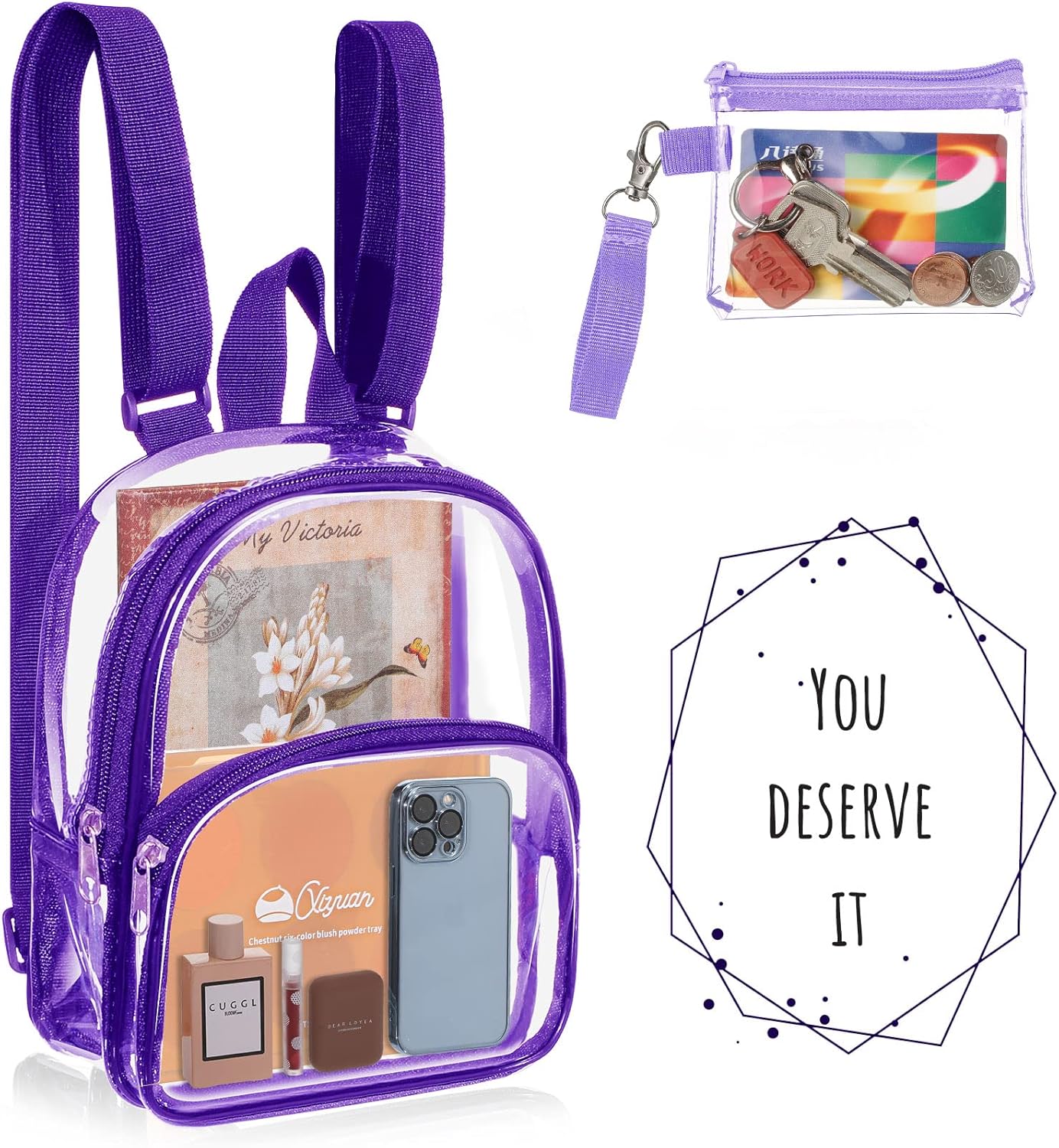Weewooday Clear Mini Backpack - Transparent Waterproof Crossbody Purse | Small Purple Concert Bag