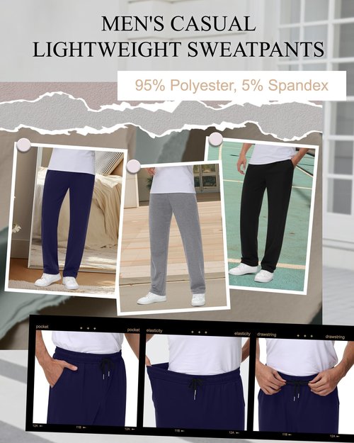 Neer 3 Pack Men's Sweatpants Lightweight Athletic Drawstring Open Bottom Pants Workout Running Lounge Pants with Pocket(Black, Dark Mixed Gray, Navy Blue,Large)
