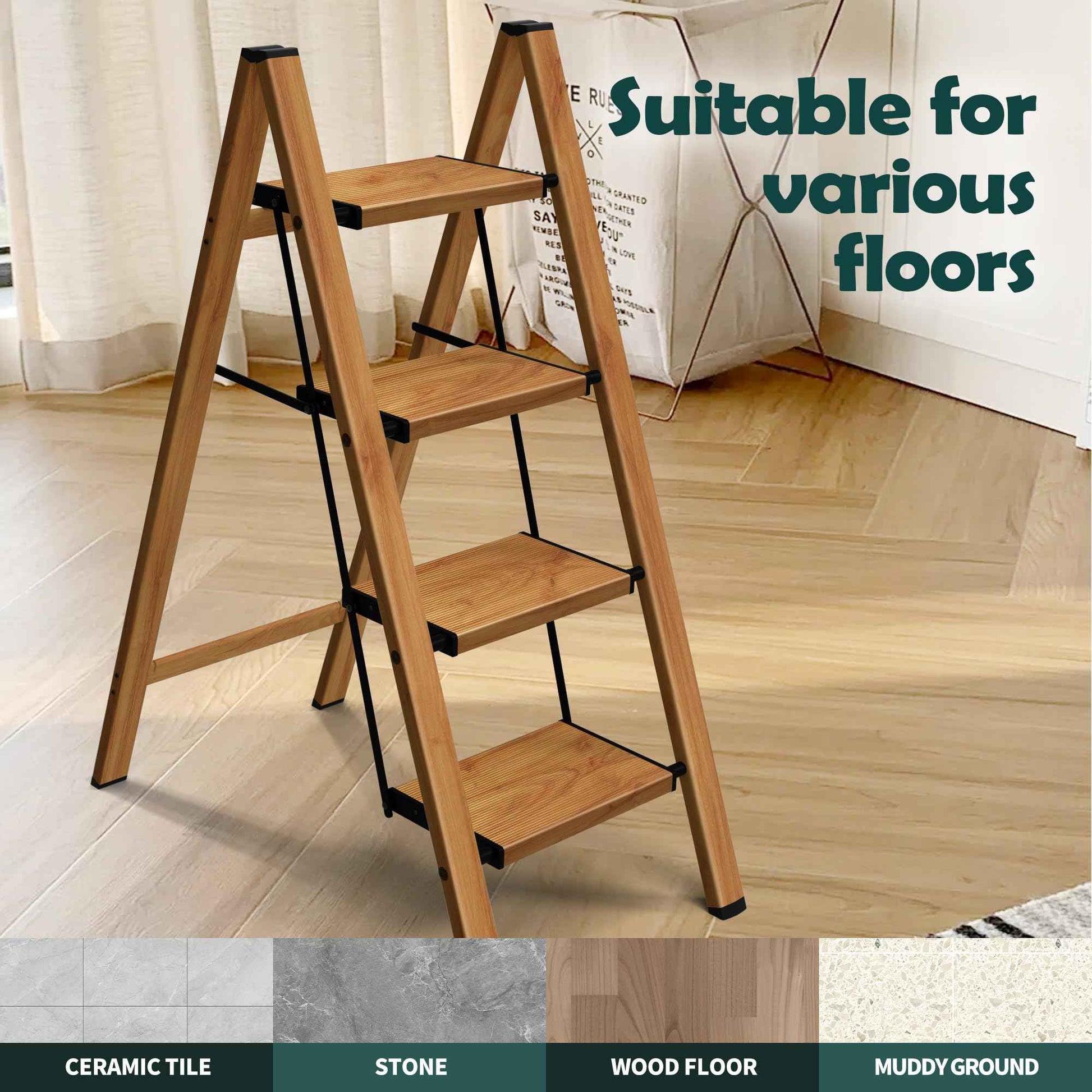 Taranta 4 Step Ladder,Aluminum Lightweight Folding 4 Step Stool with Anti-Slip Wide Pedal, 330lbs Capacity Step Ladder for Household,Kitchen,Office - Woodgrain