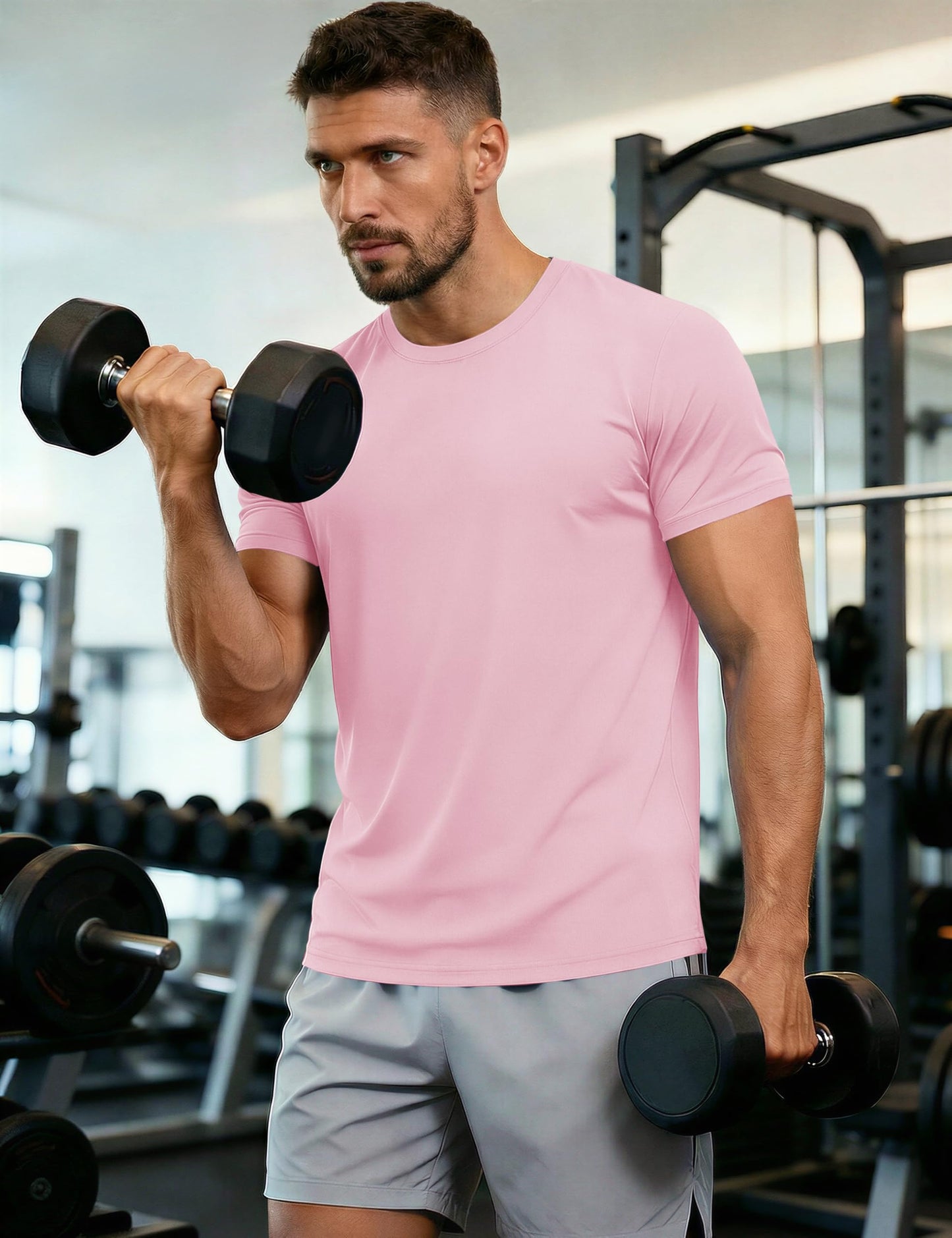 Mens Quick Dry T-Shirt - Short Sleeve Running Shirt - Sun Protection - Active - Light Pink M