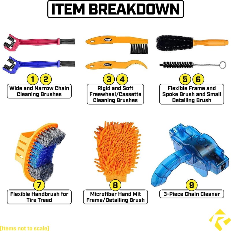 Revere 9-Piece Bike Cleaning Kit – Comprehensive Bicycle Maintenance Set with Chain Cleaners, Sprocket Scrubbers and Brushes