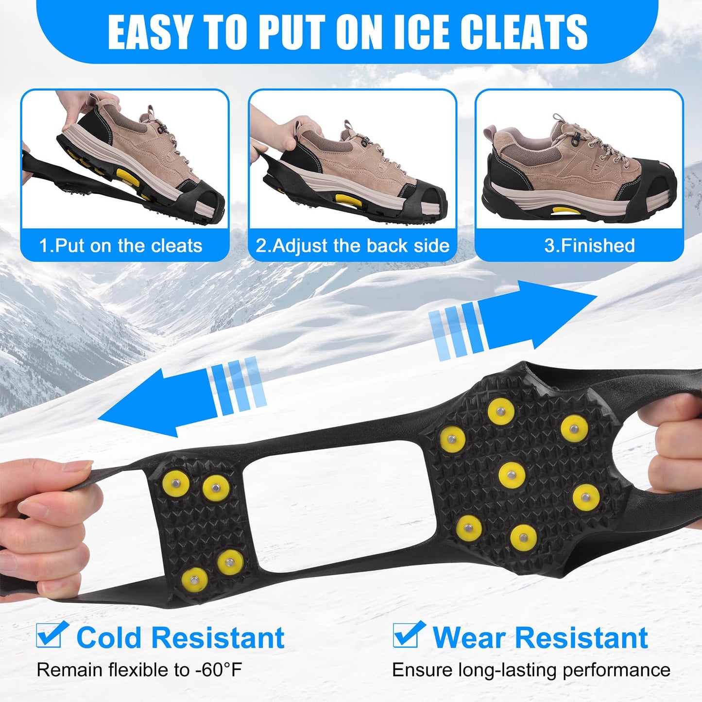 Ice Cleats for Shoes and Boots Crampons Anti Slip Snow Traction Cleats 11 Studs Snow Grippers Overshoe for Men Women Walking on Snow and Ice Slip-on Stretch Footwear