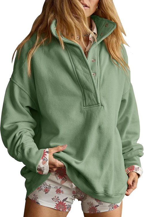 Gacaky Oversized Sweatshirt for Women - Casual Long Sleeve Button Henley Neck Pullover Top