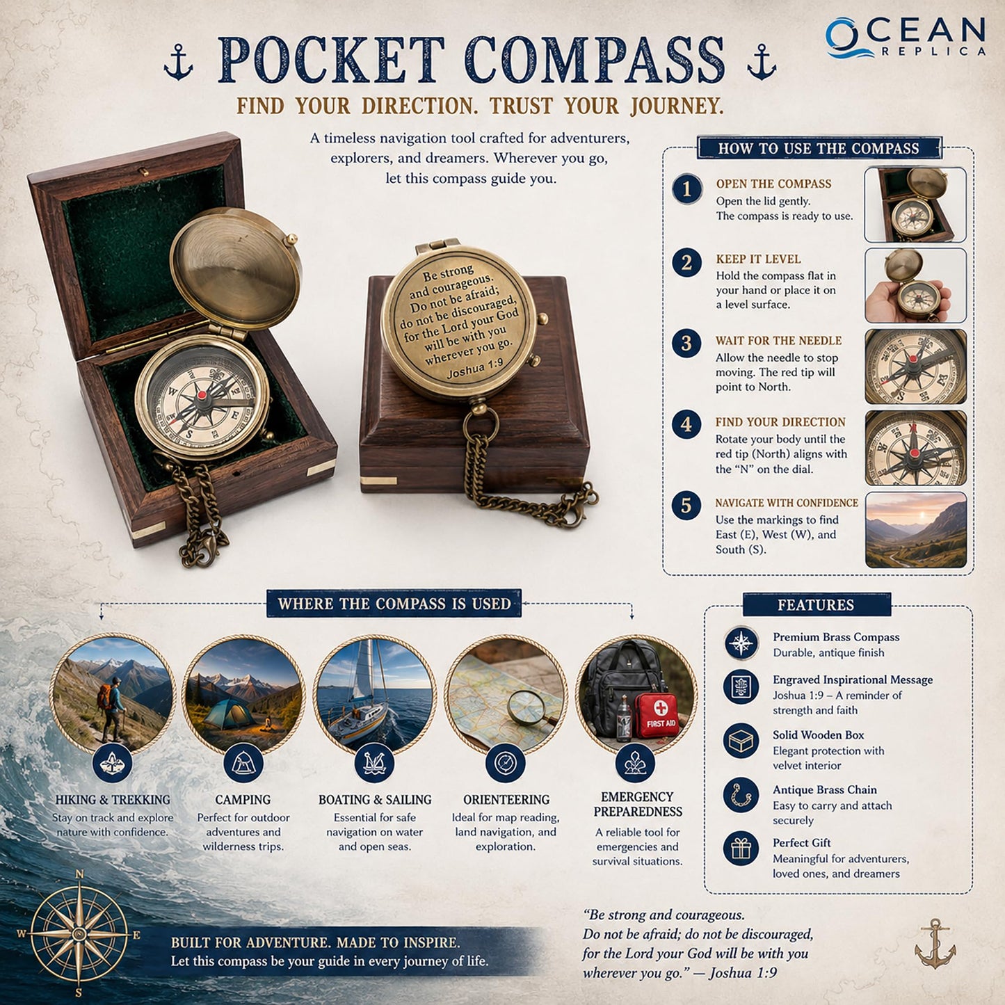 Be Strong and Courageous Compass – Antique Nautical Magnetic Compass with Engraved Scripture Quote – Baptism Gift with Wooden Box for Son, Father, Husband, Loved One
