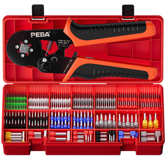 PEBA Ferrule Crimping Tool Kit, Square Pliers AWG28-7 & 21 Sizes Ferrules(AWG24-8) for Electrical Wiring/DIY Terminals | Self-Adjusting Ratchet Crimper - Copper Ferrule Kit