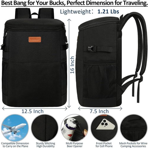 Camping Cooler Backpack 45 Cans, Soft Backpack Coolers Insulated Leak Proof Travel Cooler Bag Waterproof Lunch Picnic Beach Work Trip Thermal Bag Drink Beverage Beer Bag Cooler Black