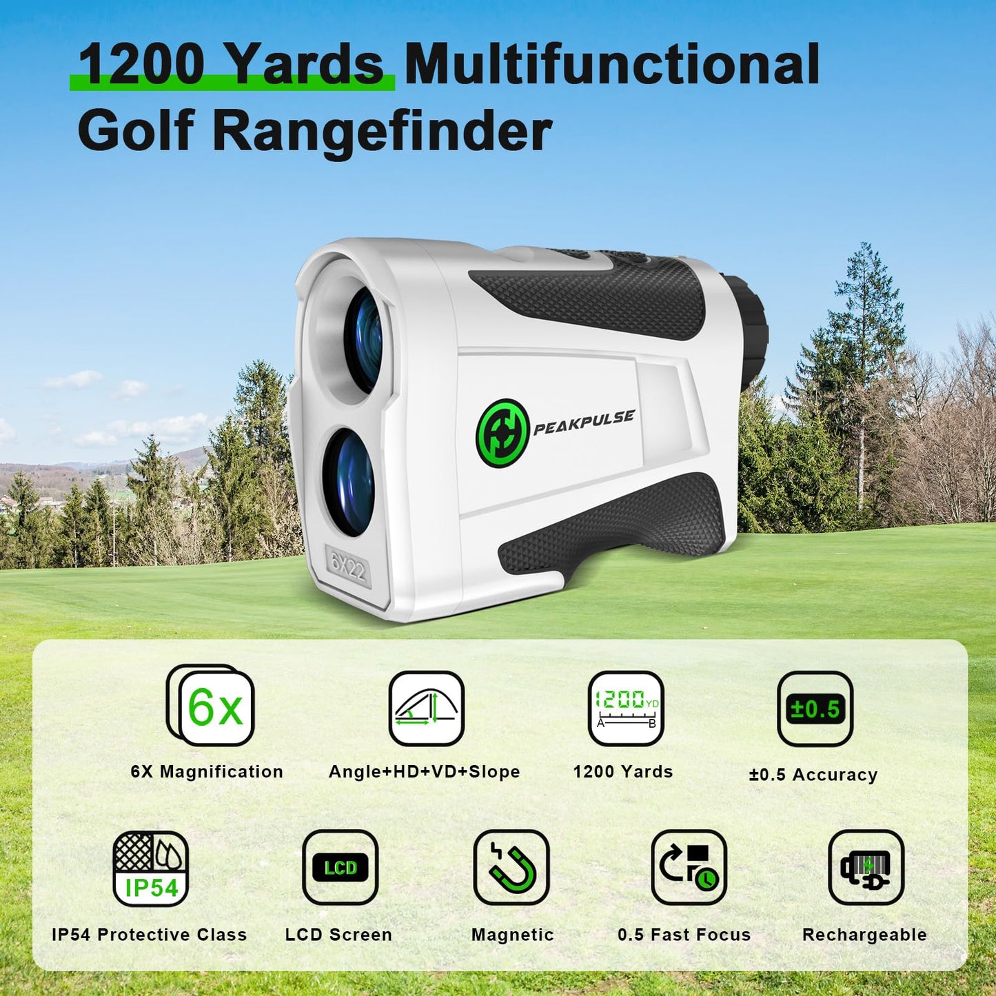 PEAKPULSE 1200 Yds Golf Rangefinder Easy to Clean Slope Magnet Rechargeable 6X Magnification Distance Range Finders Flag Pin Locked Vibration Golfer Gifts Accessories
