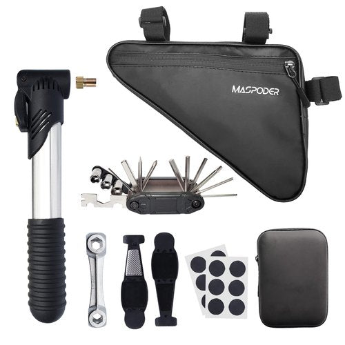 MASPODER Bike Tool Kit, Repair Kit with Frame Bag, Mini Pump, Multitool, Tire Lever Patches Bicycle Accessories Set for Adult Bikes Road Mountain MTB