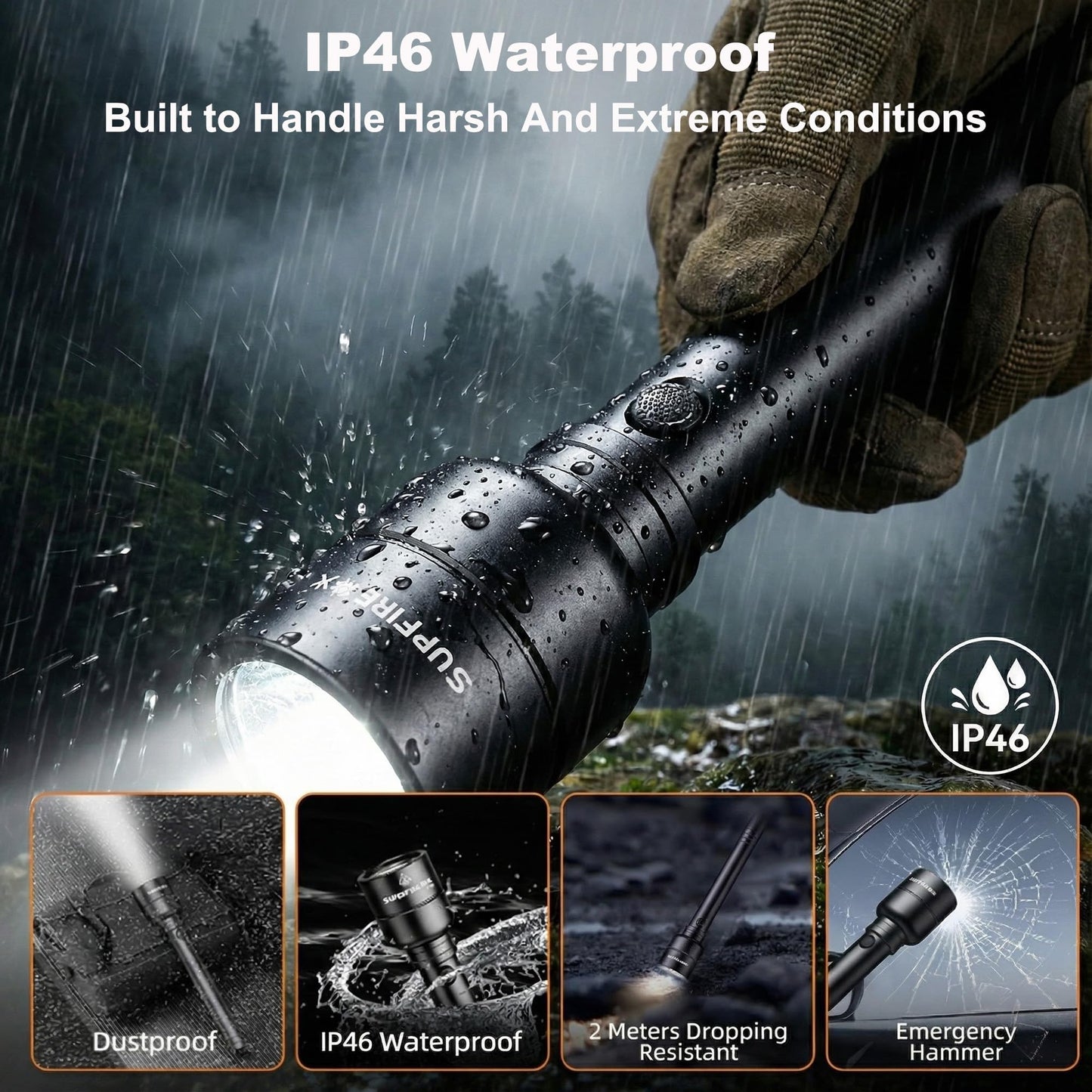 SuperFire Rechargeable Flashlight High Lumens 3000LM, Powerful LED Flashlight with 6 Modes, USB Charging, IP46 Waterproof, Long Runtime for Home Emergency, Outdoor Camping, Hiking&Tactical Use