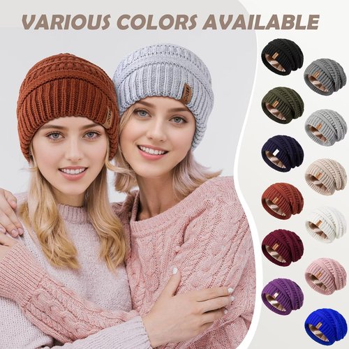 3 Pack Satin Lined Beanie for Women, Warm Slouchy Winter Hats with Silk Lined, Fashionable Oversized Cable Knit Hat Skull Cap-03