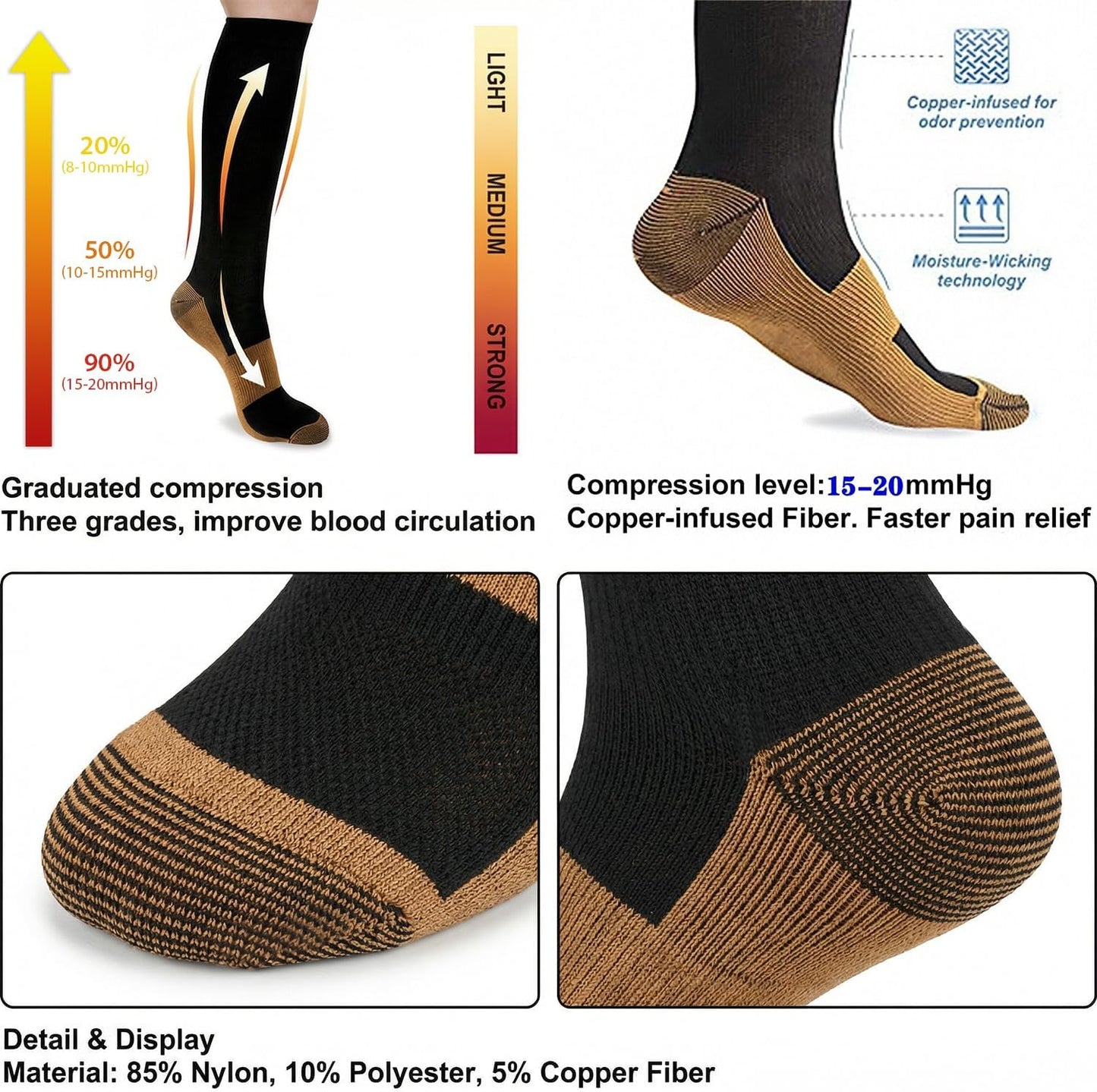 Sooverki Copper Compression Socks - 8 Pack Knee High Stockings for Men & Women | 15-20mmHg Support for Running