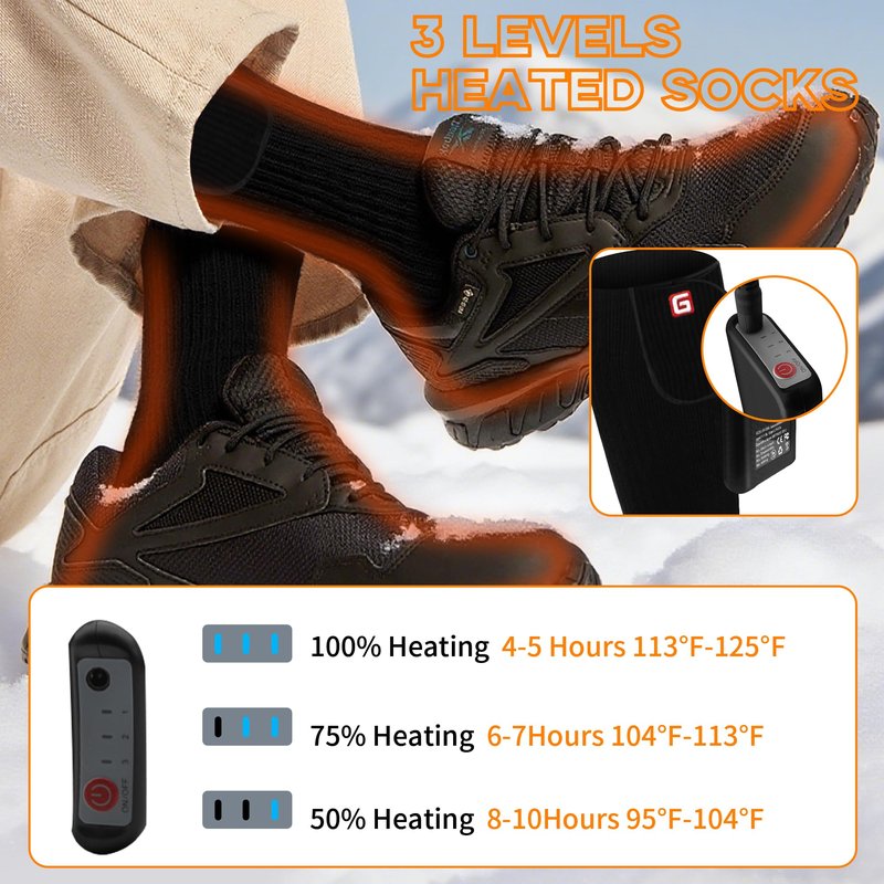 MMlove Heated Socks for Men Women, 3 Heat Settings, 4000mAh Battery, Washable Electric Heated Socks, Rechargeable Smart Foot Warmers for Camping Fishing Skiing Hiking