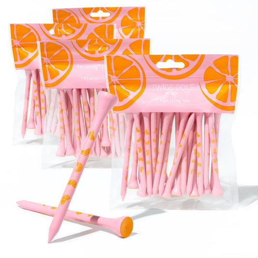 Twigs Golf Tees, Long Bamboo Tees, 100 Count, 3-1/4 inch, Tropical Fruits Colorful Design (Pink)
