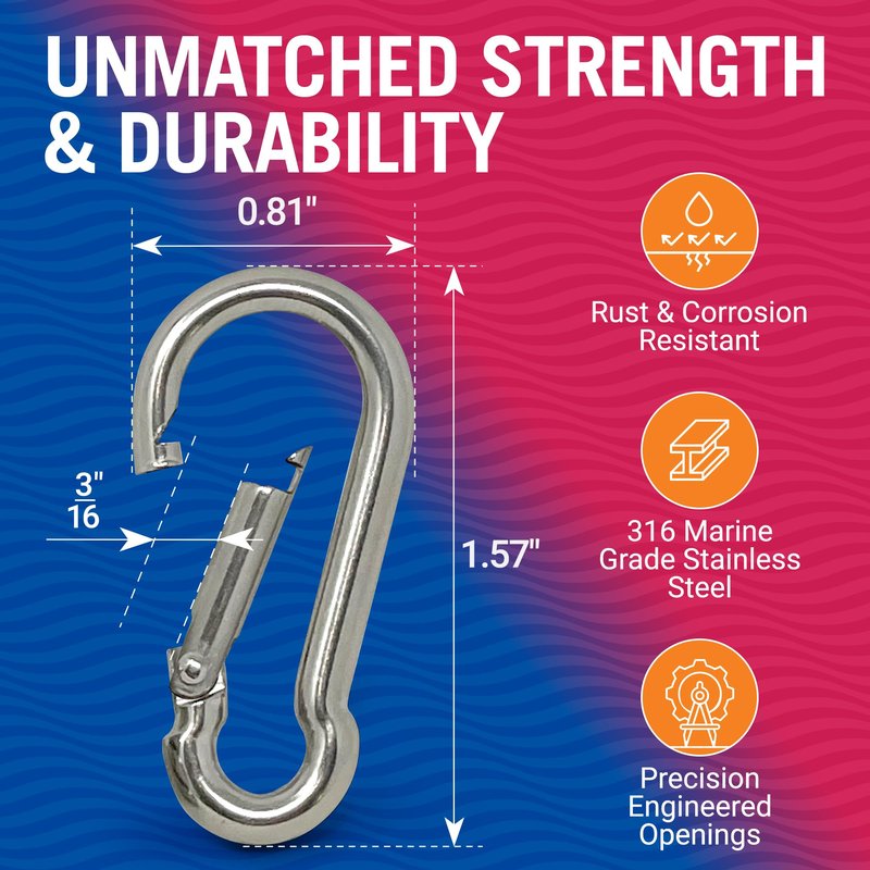 Stainless Steel Carabiner Clip, 4 Pack, 316 Marine Grade, Heavy Duty Spring Snap Hooks, Mini and Large Sizes, 2" to 4" Options, 1.57" Small Clips