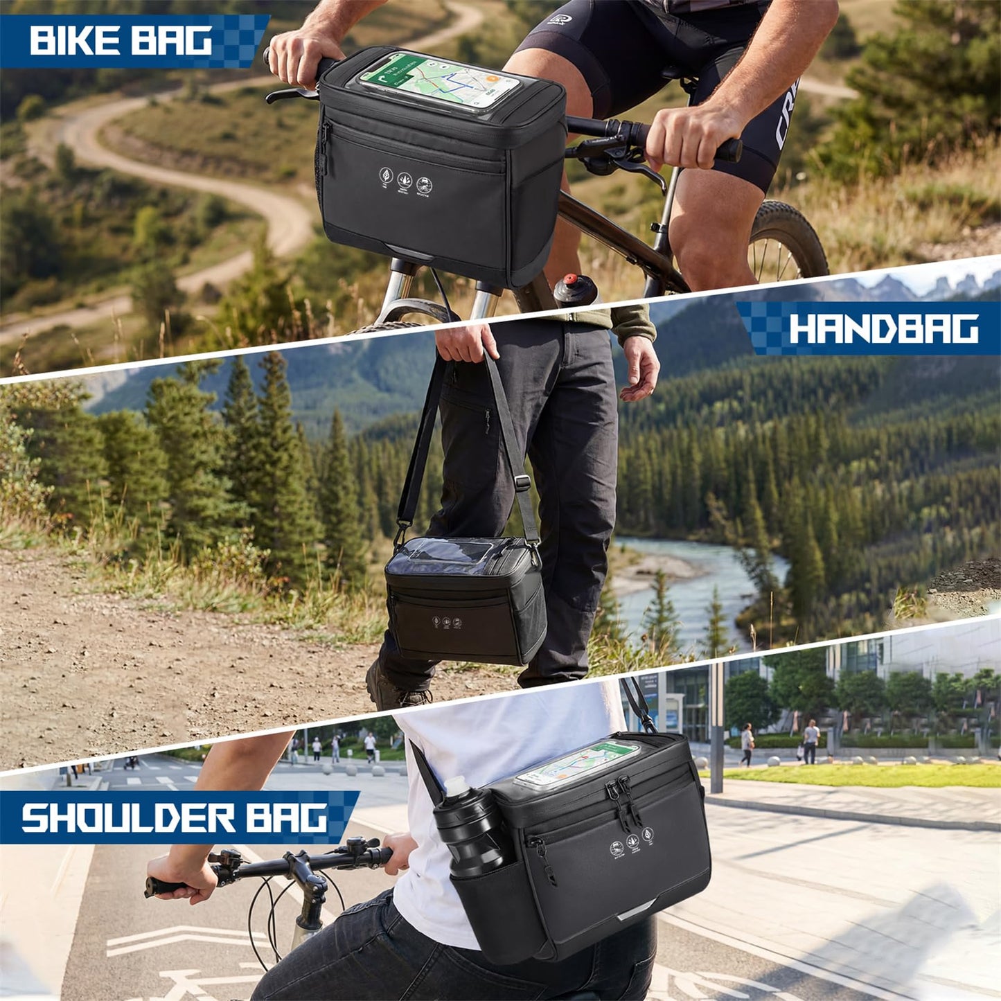 WOTOW Bike Front Handlebar Bag - Large Reflective Bicycle Handlebar Basket Bags Waterproof Storage Pannier for Bike Touchable Transparent Phone Holder Pouch for Men Women Road MTB Outdoor Cycling 3.5L