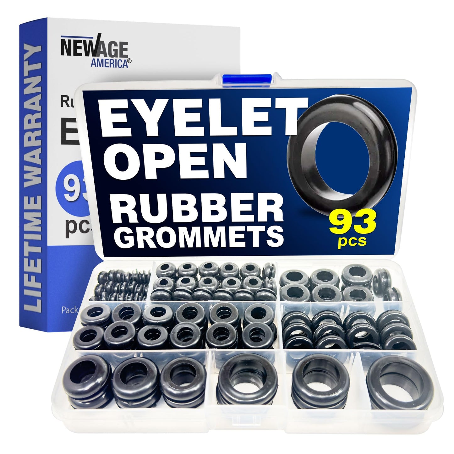 New Age America® 93pcs Rubber Grommets Kit | 1/4 Inch to 1 Inch | 9 Sizes | Black Wire Grommets | Eyelet Ring Gaskets | Double Sided Round | 1/4", 5/16", 3/8", 7/16", 1/2", 5/8", 3/4", 3/4", 7/8", 1"