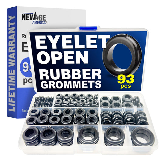 New Age America® 93pcs Rubber Grommets Kit | 1/4 Inch to 1 Inch | 9 Sizes | Black Wire Grommets | Eyelet Ring Gaskets | Double Sided Round | 1/4", 5/16", 3/8", 7/16", 1/2", 5/8", 3/4", 3/4", 7/8", 1"