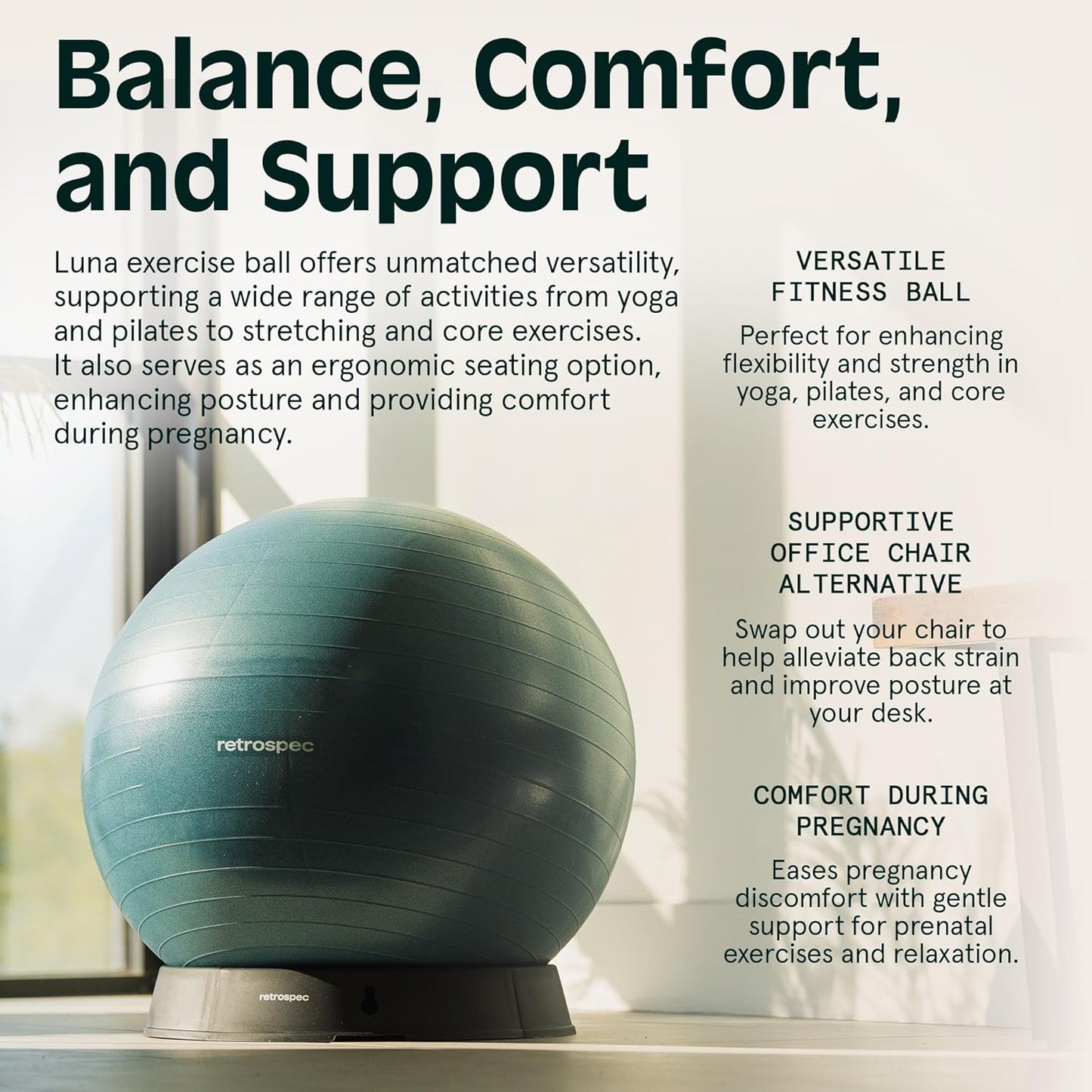 Retrospec Luna Exercise Ball - Anti-Burst Yoga & Core Training Equipment | Home Gym & Office Use