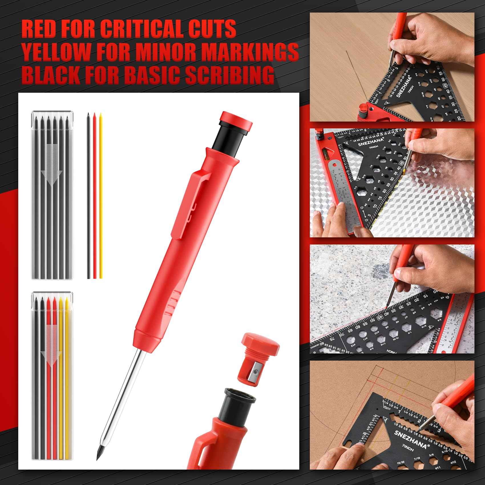 SNEZHANA 7" Rafter Square with Carpenter Pencil and Bubble Level, Multi Purpose Measuring Tool for Precision Woodworking, Roofing, and Framing