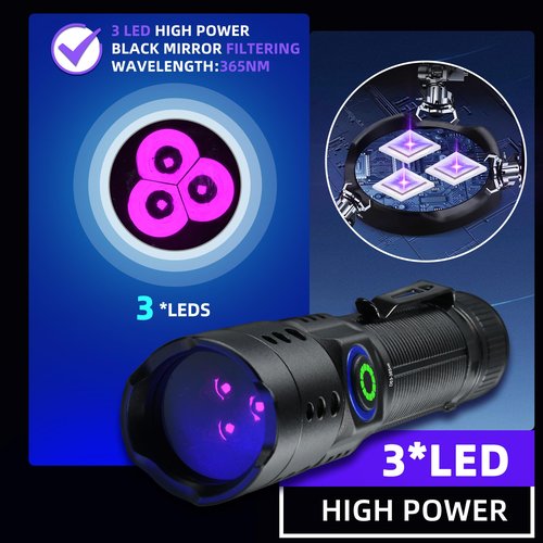 DARKBEAM 365nm UV Light Flashlight Black Light, 20W Mini Blacklight Flashlights 3 LED Rechargeable Woods Lamp for Pet Urine, AC Leak, Blood Tracking, Scorpion, Resin Curing