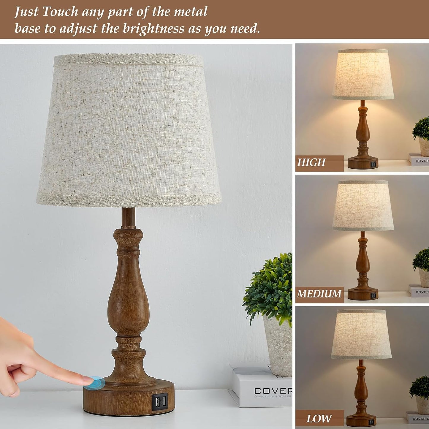 Touch Bedside Table Lamps Set of 2 with USB C+A Ports - 3-Way Dimmable Linen Shade