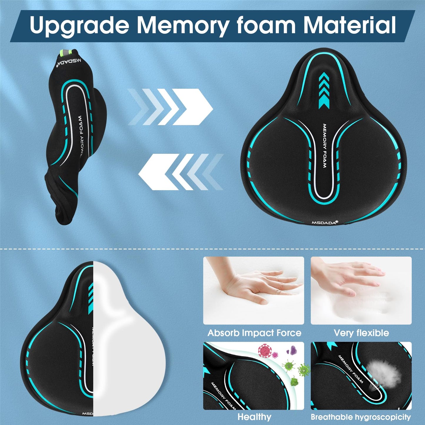 MSDADA New Large Gel Bike Seat Cover, Extra Soft Bike Seat Cushion for Men Women Comfort Wide, Fits Indoor/Outdoor/Exercise Bikes,Light Blue(11inch x 10 inch)