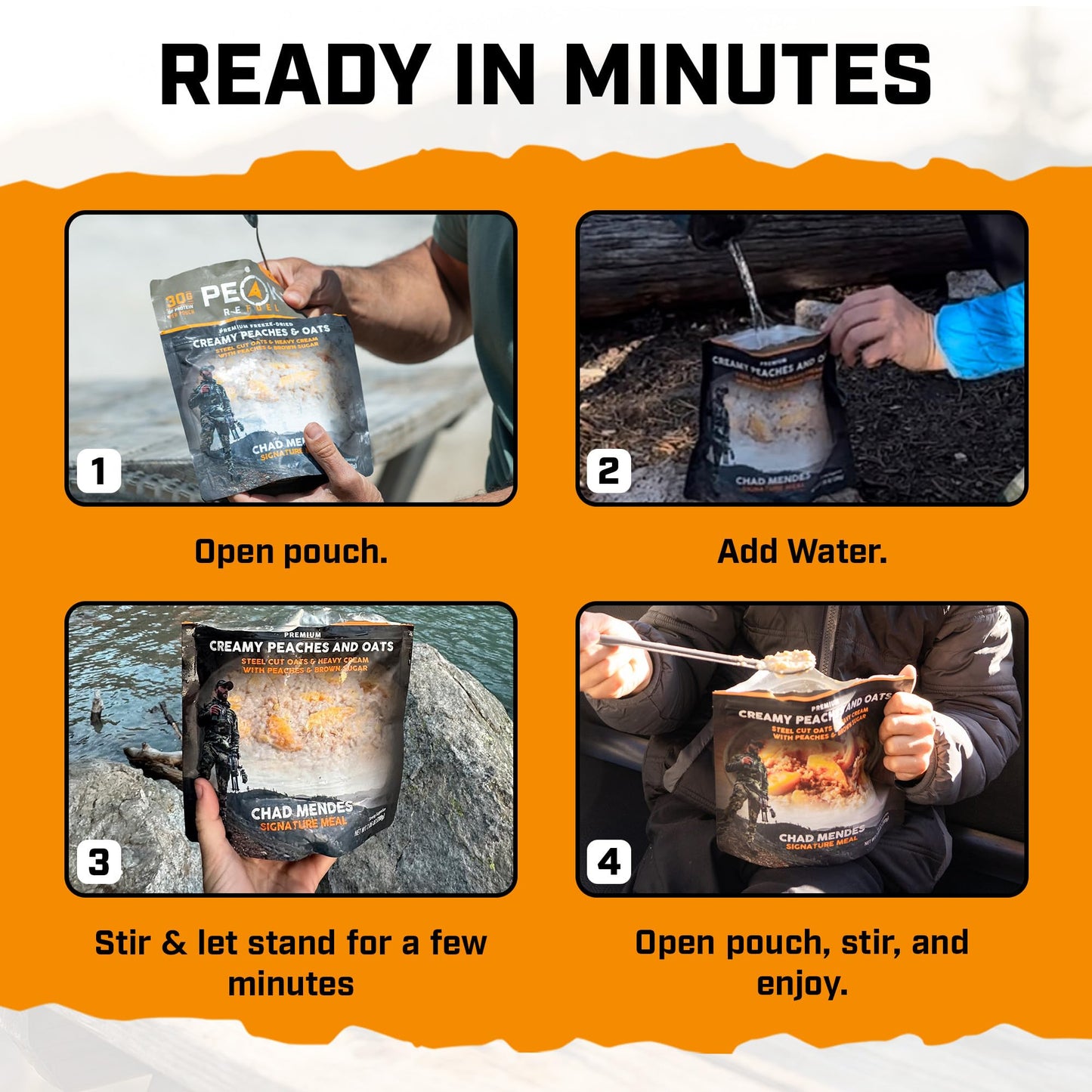 Peak Refuel Creamy Peaches and Oats | Chad Mendes Signature Meal | Premium Freeze-Dried Variety Meals | Hunting, Survival, Camping, Backpacking Food | High-Protein Game Meats | MRE | Made in USA