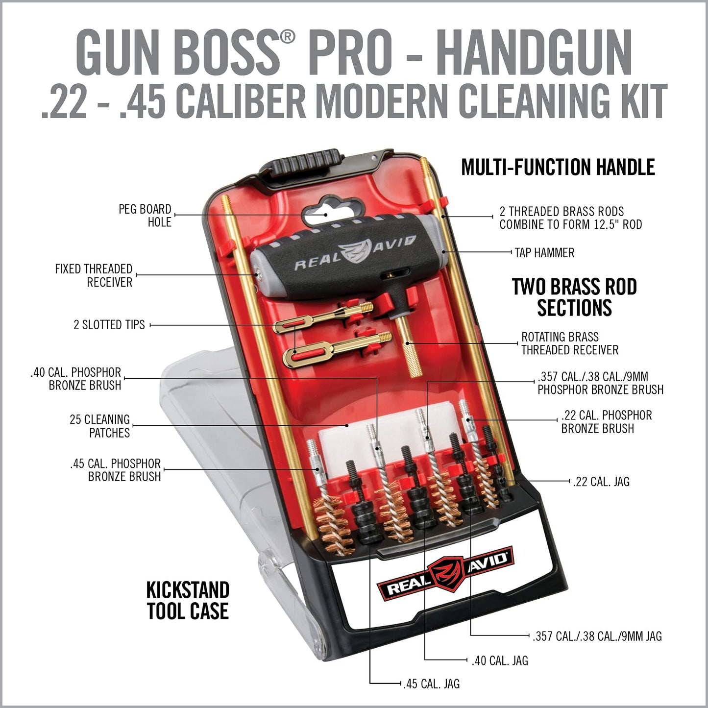 Real Avid PRO Handgun Cleaning Kit – Multi-Caliber Pistol Cleaning Kit for .22, 9mm, .357, .38, .40, .44 & .45 – Brass Rod, Bore Brushes, Jags, Patches & Crush-Proof Range Case