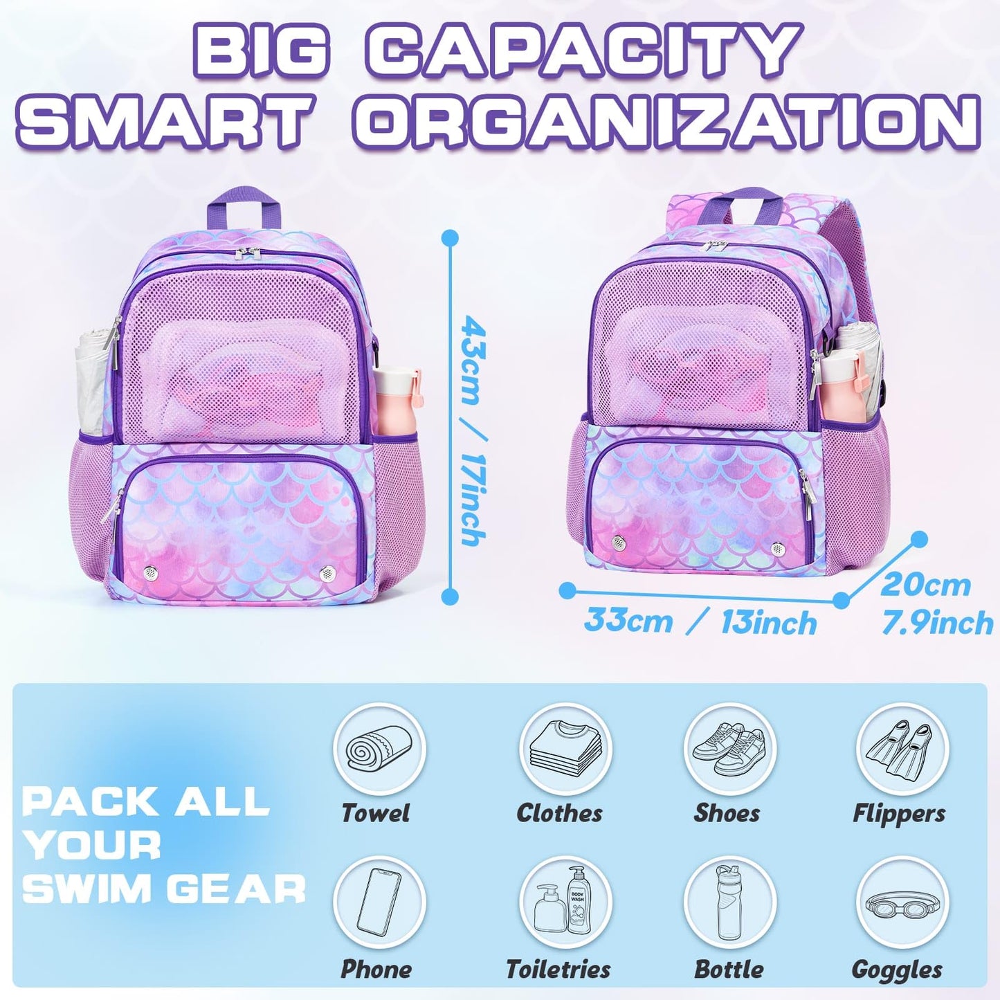 WAWSAM Mermaid Kids Swim Bag for Swimmers - Girls Beach Bag for Swimming with Wet Dry Compartments, Gym Sports Backpack with Shoes Compartment, Pool Bags Gym and Workout Gear