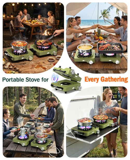 2 Propane Burners Camping Stove, 30,000 BTU Folding Camp Stove with Windproof Grates and Frying Pan, Portable Camping Stoves with Carrying Bag, Camping Essentials for Tailgating/Grilling/Coffee, Green