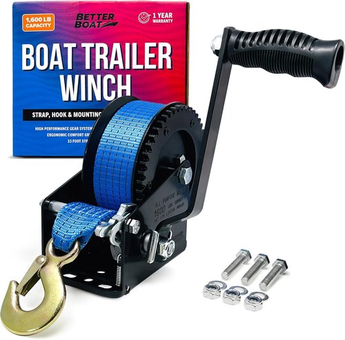 Boat Trailer Winch - Heavy Duty Manual Hand Crank with Strap & Hook for Towing Trailers & Boats