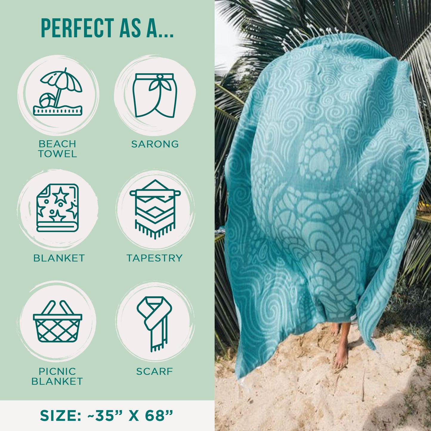 Sand Cloud Turkish Beach Towel - Sand Resistant - 100% Organic Turkish Cotton Yarn - Quick Dry Towel for Beach, Picnic, Blanket or Bath Towel - As Seen on Shark Tank - Marine Life (Swirl Turtle)