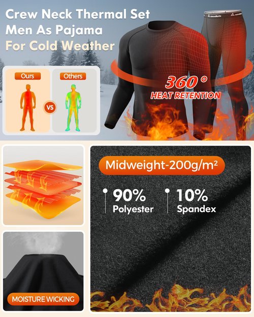 CL convallaria Thermal Underwear for Men Long Johns Winter Hunting Gear Sport Skiing Base Layer Top and Bottom Set Midweight Black Large