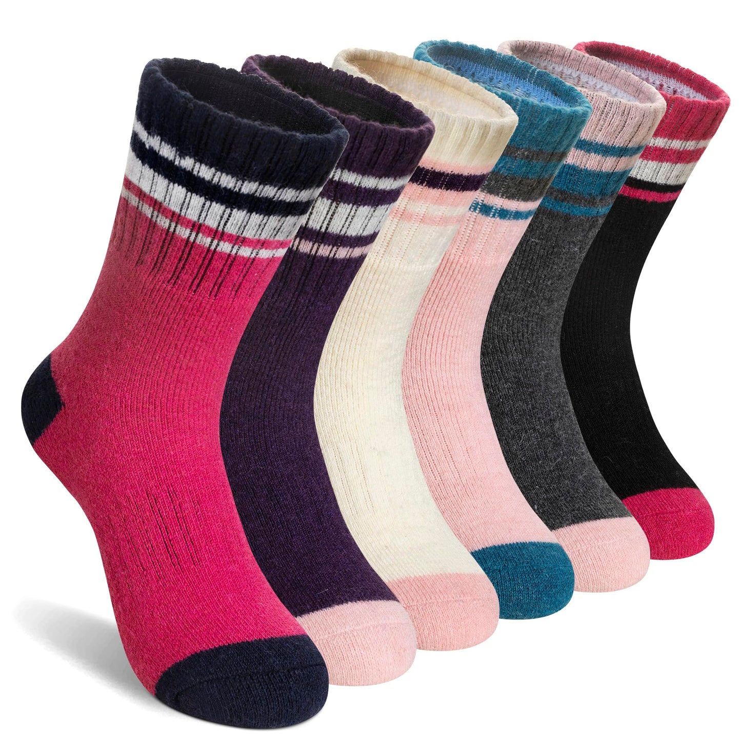 AMENLAN Kids Merino Wool Hiking Socks Boy Girls Winter Thick Boot Cushion Warm Thermal Crew Socks 6 Pairs (Purple Stripes,8-12 Years)