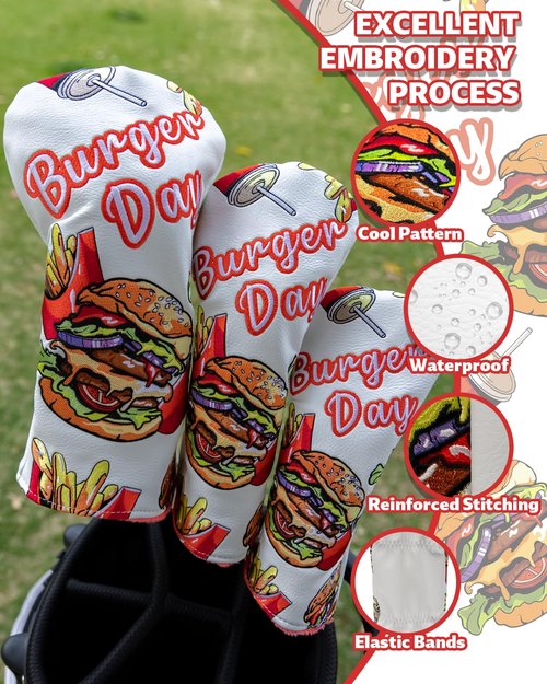 Golf Club Head Covers, Fairway Wood Head Covers, Classic Burger Fries Design, Premium PU Leather and Advanced Embroidery with Velour Lined Funny Golf Head Covers for Most Brands