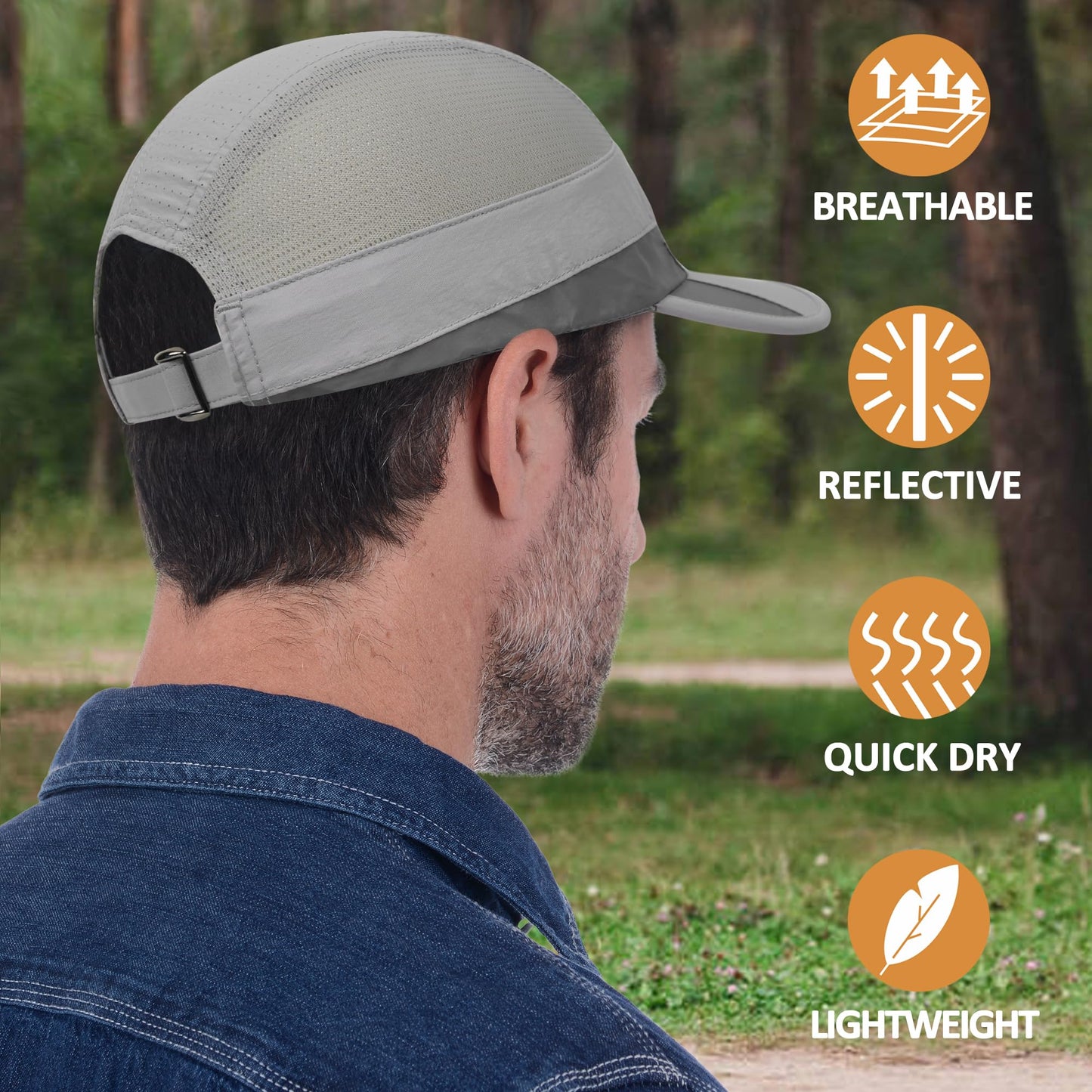 GADIEMKENSD Running Hat, Mens Outdoor Hat Unstructured Baseball Cap UPF 50 UV SPF Exercise Run Caps Reflective Breathable Light Sun Hats Quick Dry Mesh Summer Sports Hat Cap Men Woman Under 10 Gray
