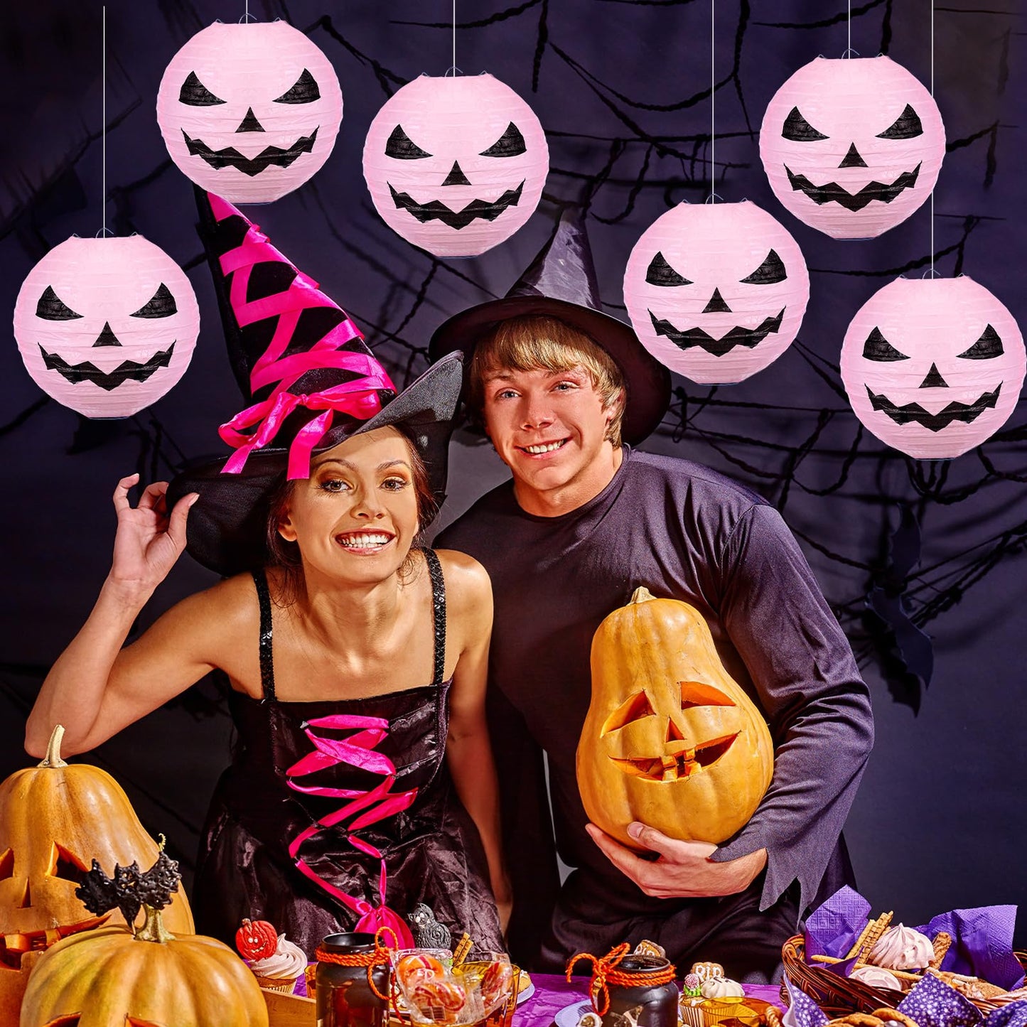Riakrum 6 Pcs 8 Inch Halloween Jack O Paper Lantern Decoration Halloween Pink Pumpkin Paper Lantern Hanging for Indoor Outdoor Garden Party Decoration