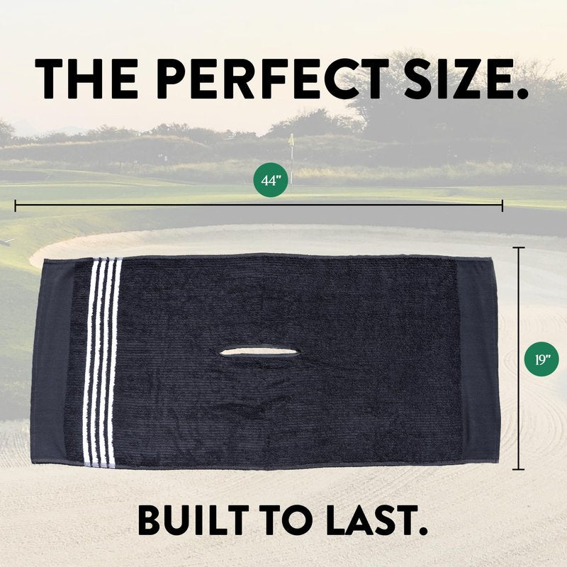 Golf Guys The Tour Towel | Large Caddy Terry Cloth, Absorbent 19 in x 44 in, Center Cut, Perfect Hang Cart Accessory and Bag, Black with White Stripes
