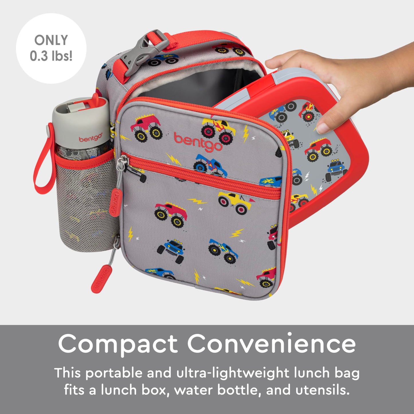 Bentgo Kids Insulated Lunch Tote - Water-Resistant, Reusable, Lightweight & Durable Lunch Bag with Water Bottle Holder & Exterior Pocket, Fits Lunch Box & Water Bottle - Ideal for Ages 3+ (Trucks)