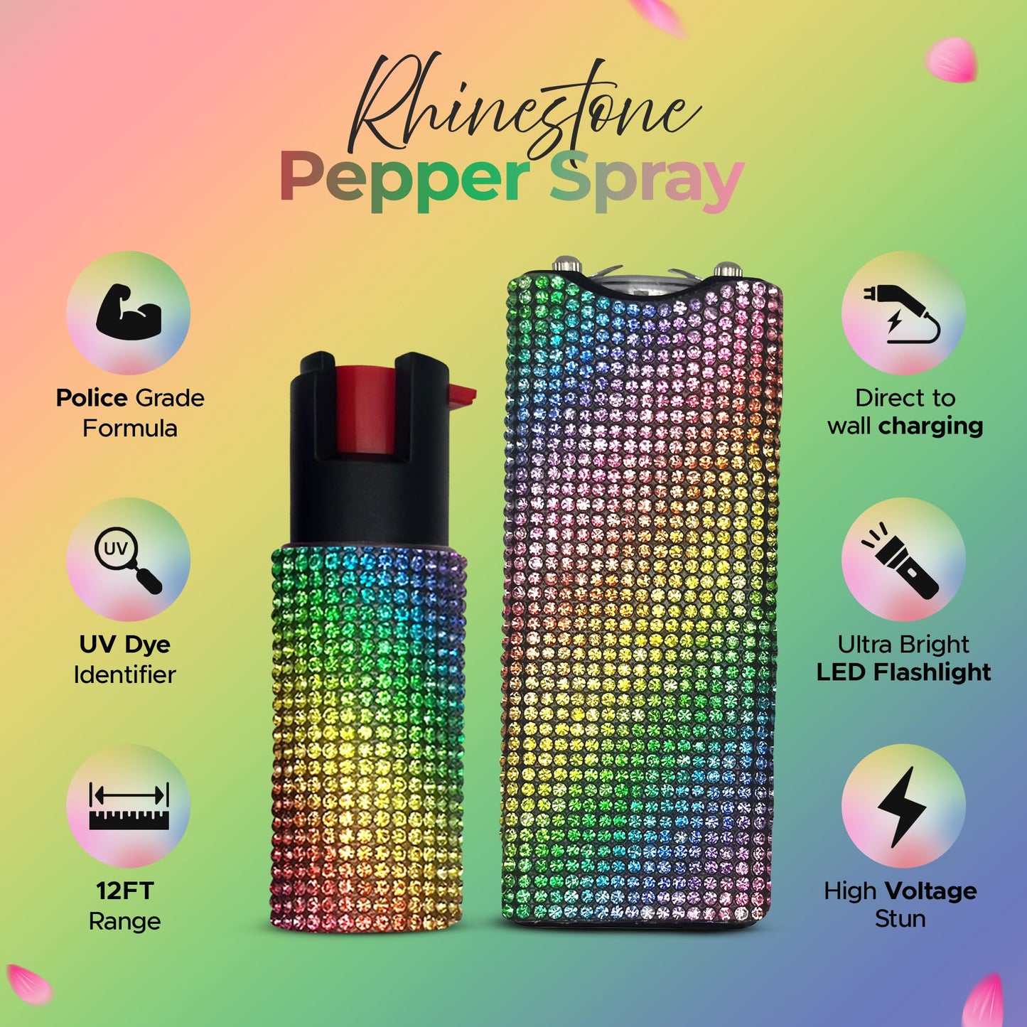 FURY Gem Stone Pepper Spray Stun Gun Combo - Stylish Multi-Color, 12ft Range, UV Dye Identifier, Flashlight, Rechargeable, Self-Defense Kit, Personal Safety, (Rainbow)