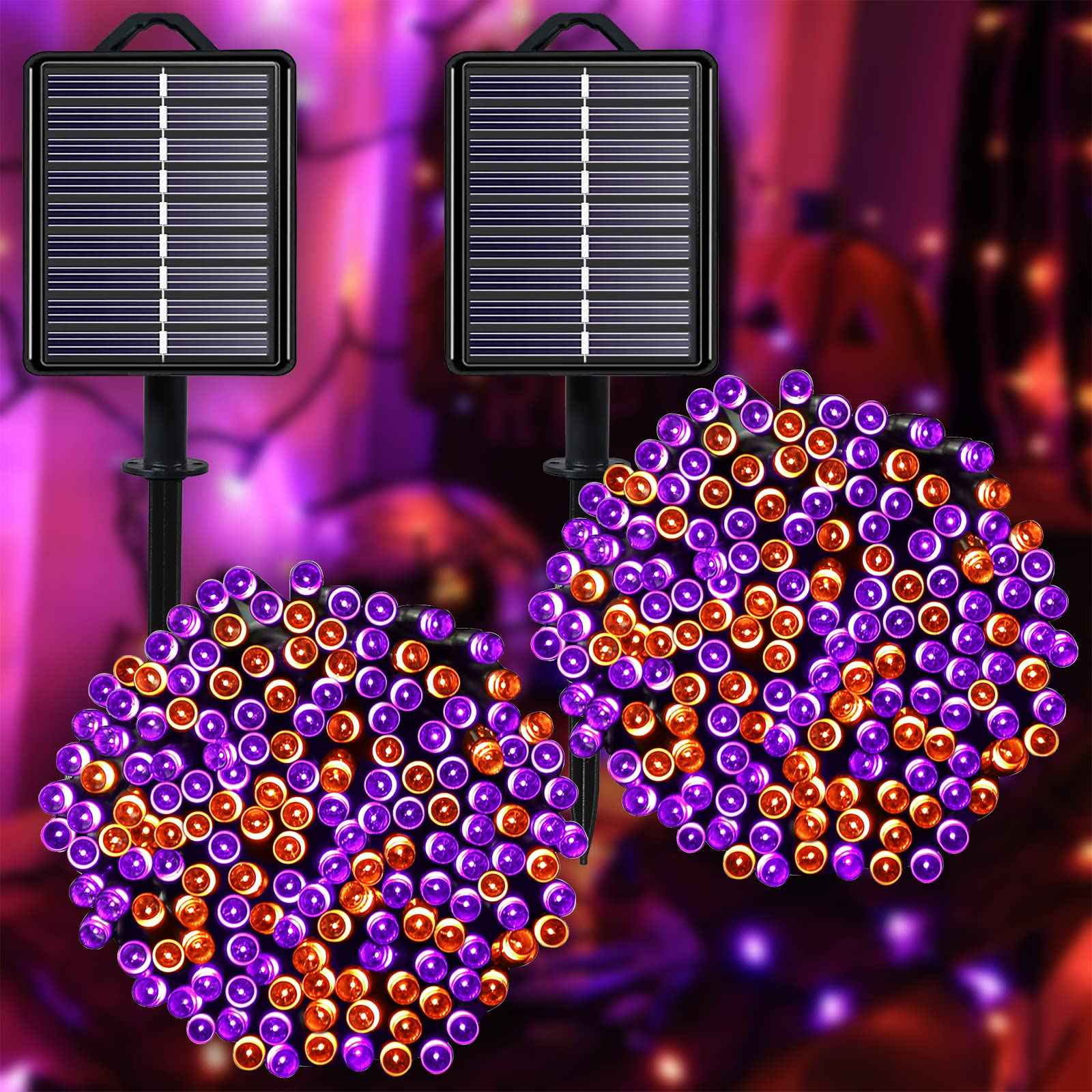 Halloween Decorations Outdoor Solar String Lights Orange & Purple, Outside 2Pack Total 144ft 400 LED 8 Modes with Timer, IP44 Waterproof Spooky Gothic Lights for Party, Patio, Tree, Garden Decor